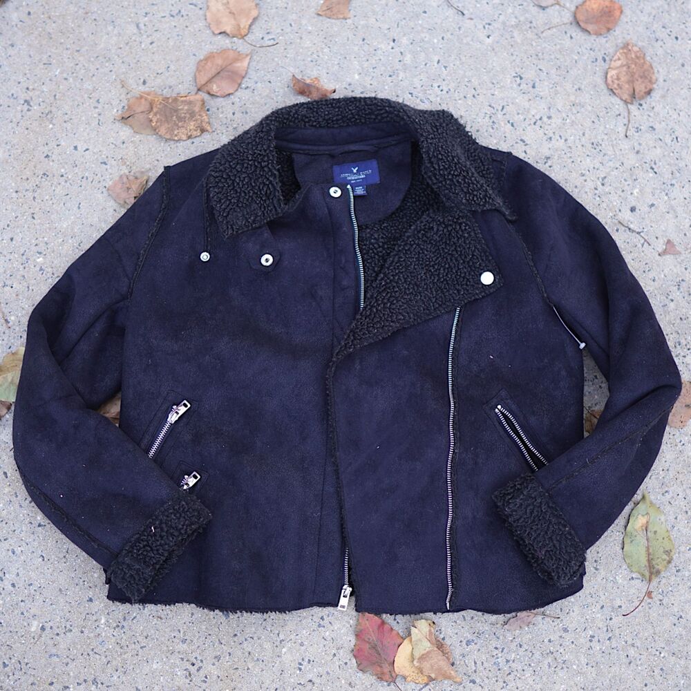 American Eagle Faux Suede Sherpa Moto Jacket Black M Zip Up Grunge Edgy Goth